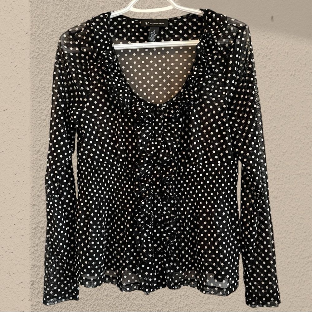 Black and white polka dot mesh ruffled blouse - Picture 2 of 9
